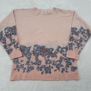 Together! Vintage Pink 100% Lambswool Floral Rose Intarsia Sweater Womans Small